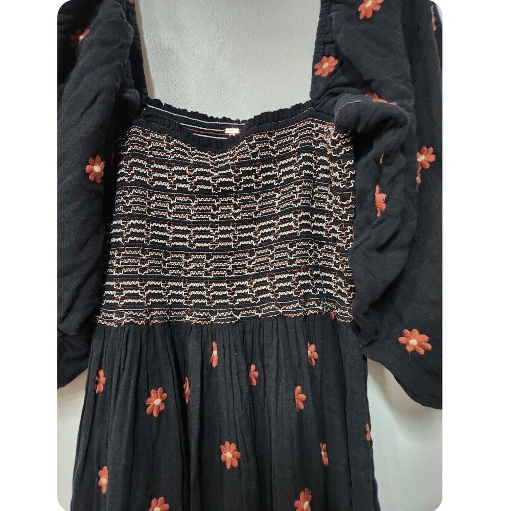 Free People Dahlia Embroidered Maxi Dress Black Combo Smocked Floral  B37 - Picture 7 of 9